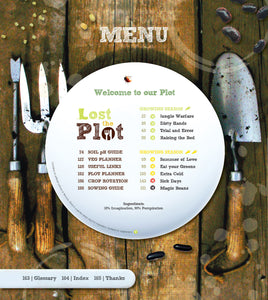 Menu page or contents page in Lost the Plot allotment book by allotment junkie