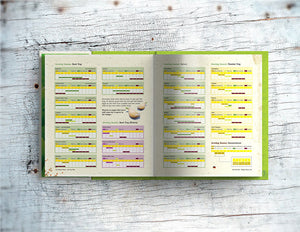 Double page spread showing page content, sowing guide, in Lost the Plot allotment book and guide to growing your own fruit and vegetables by allotment junkie