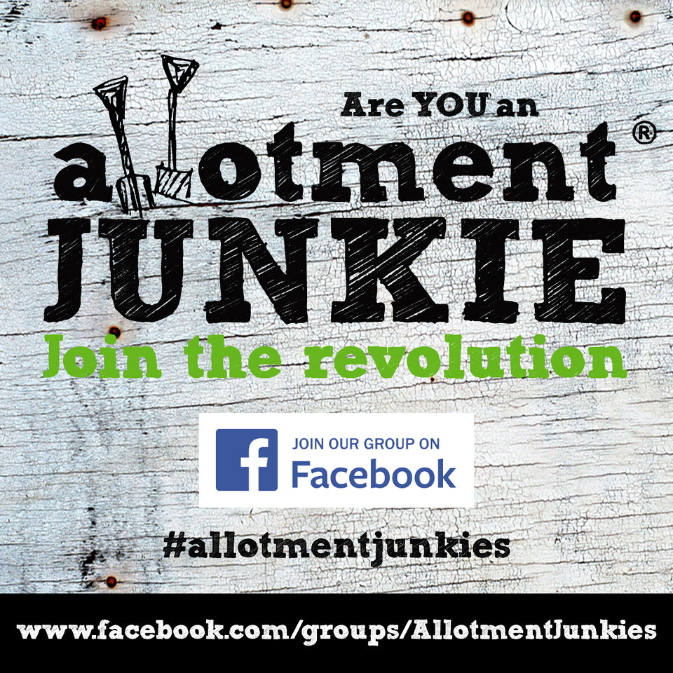 Allotment Junkie logo graphic on white textured wooden board. Join out Facebook Group
